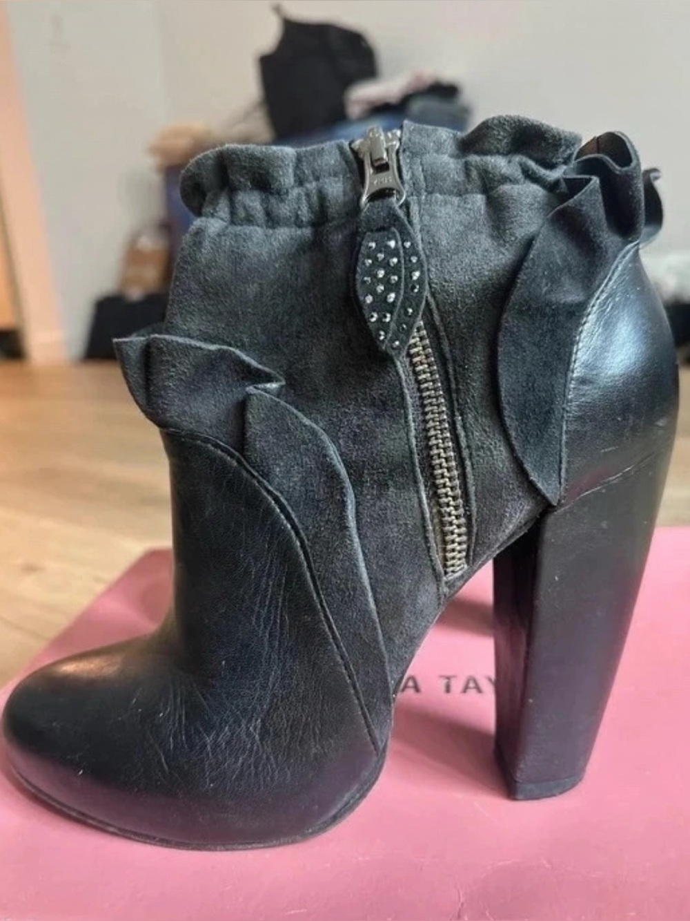 Rebecca Taylor  Black Suede & Leather Ruffle Ankle Boot